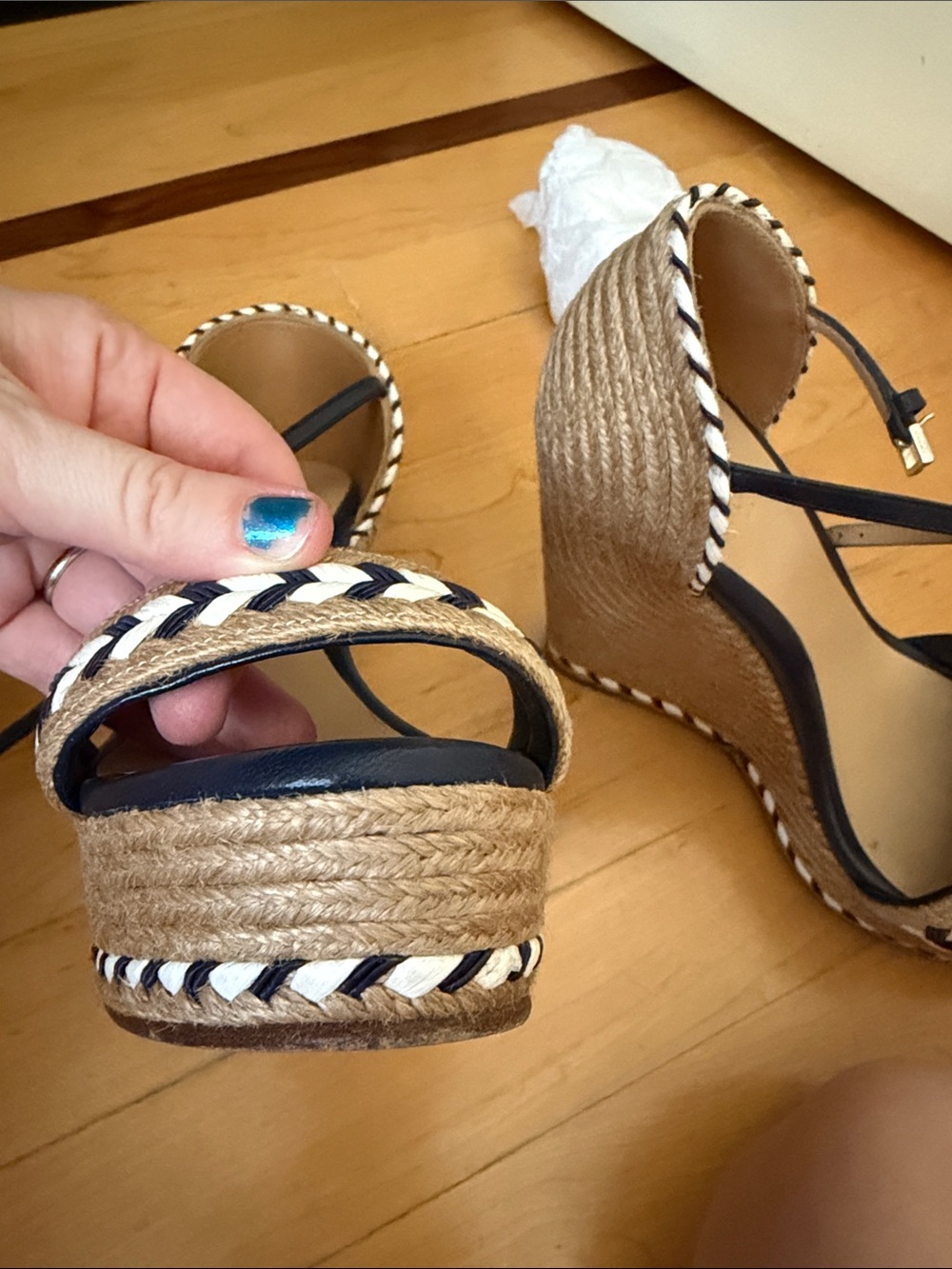 Gucci Navy and Tan Braided Espadrille Wedge Sandals - Picture 8 of 14